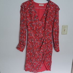 Red Surplice Faux Wrap Dress Long Sleeve Sz S